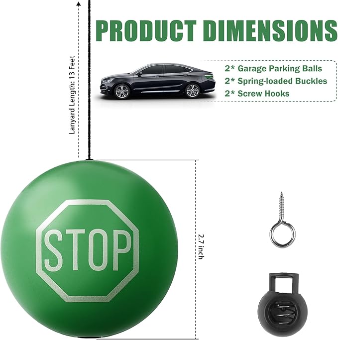 2PCS Garage Tennis Ball Parking Aid,Anti-Collision Hanging Garage Parking Aids for Cars with 13ft Rope,Universal Garages Parkings Stops Ball Garages Accessories for Car (Green/2PCS)