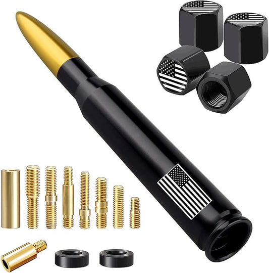 American Flag Car Truck Antenna with Valve Stem Caps, Universal Antenna Mast for GM Chevy Silverado 1500 2500 3500 HD Avalanche Ford F150 F250 F350 Denali Heavy Duty Pickup Trucks Accessories (Gold)