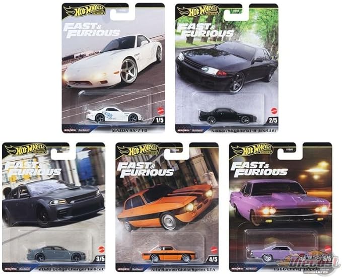 Hot Wheels Fast & Furious Die-Cast Cars Collection, 5-Pack Set, Mazda RX-7, Nissan Skyline, Dodge Charger, Alfa Romeo, Plymouth HNW-956K