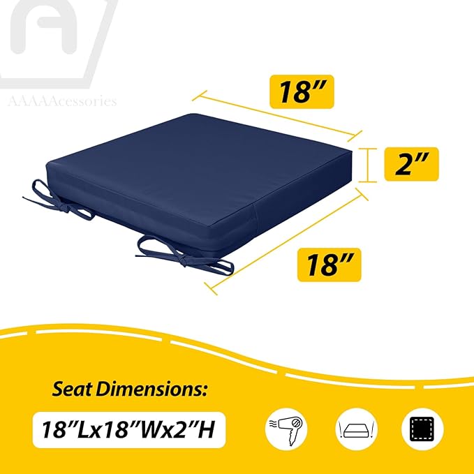 AAAAAcessories Outdoor Seat Cushions for Chairs, Waterproof, Fade-Resistant, 18" x 18" x 2", Patio Furniture Replacement Cushions, Set of 2, Navy Blue
