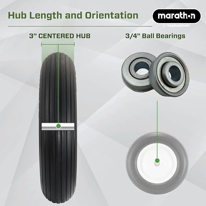 Marathon 4.80/4.00-8" Flat Free Tire on Wheel, 3" Hub, 3/4" Bearings, Ribbed Tread