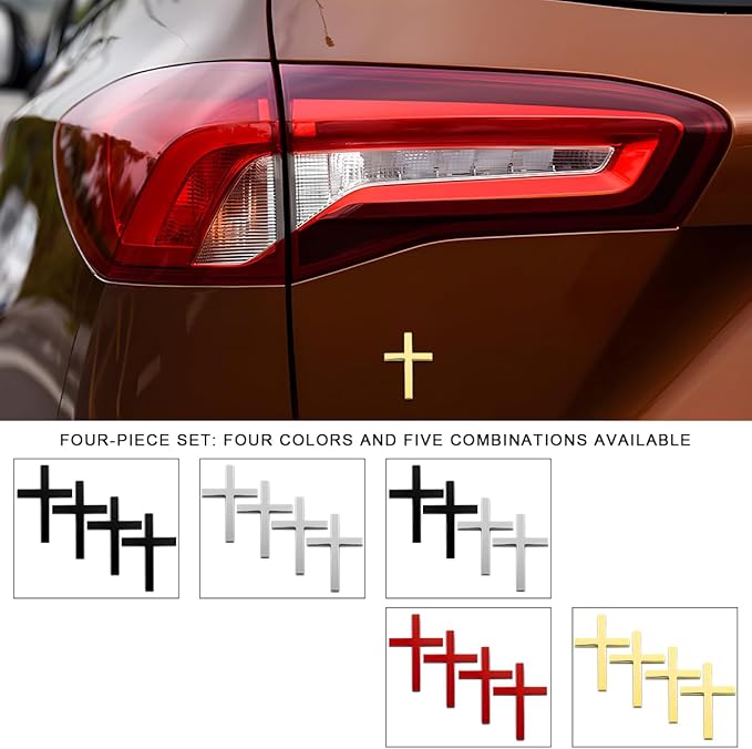 DXNQ 4PCS Metal Jesus Christ Cross Badge Stickers, 2.5"×1.8" Alloy 3D Individual Car Cross Sticker, Self Adhesive Scratch Covering Cross Emblem Decal for Car Body Fender Tail (Golden)