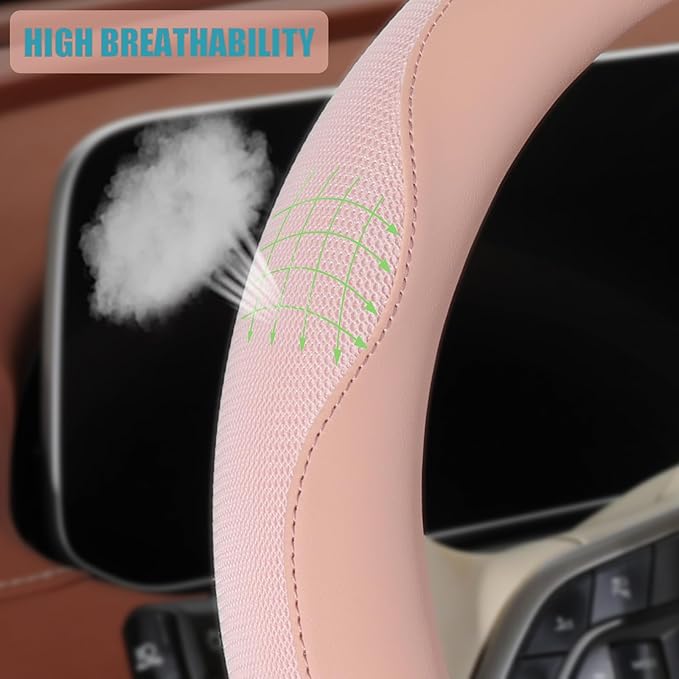 Nappa Leather Pink D Shape Steering Wheel Cover, Advanced Microfiber Leather Non-Slip Breathable Fabric, Warm in Winter and Cool in Summer, Universal 15 inch