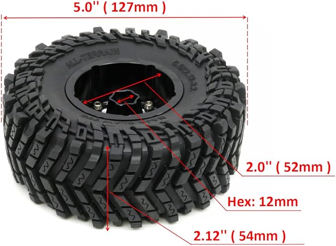 HOBBYSOUL 2.2 Tires Height 5.0'' (with Foam) & 2.2 Beadlock Wheels Silver for RC Mud Crawler Trail Gen8 Everest gen 7 Pro/Axial Capra Wraith / TRX4, (4-Pack, Assembled)