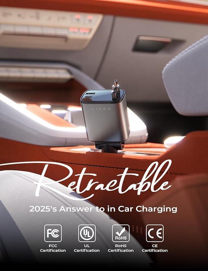 LISEN Retractable Car Charger, 84W Car Charger USB C Fast Charger Adapterfor iPhone, Travel Essentials Car Accessories for Men Women, Gifts for Fathers Day for Men Women for iPhone 17 16 15 14 13 12