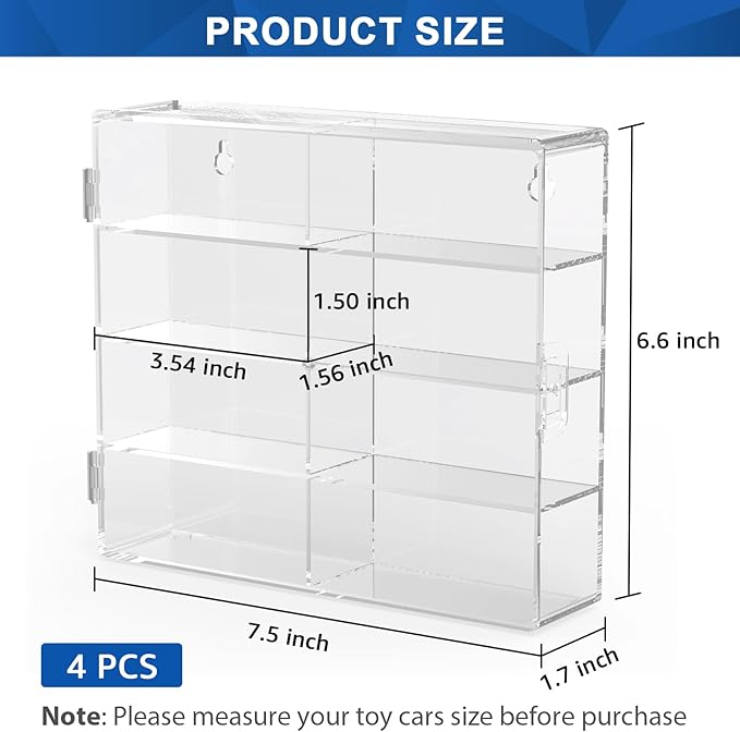 1/64 Scale Toy Cars Display Case for Matchbox Hot Wheels Hold 32 Toy Cars Storage Case Organizer Box Wall Display Clear Model Car Case Holder Container Shelf 6.5 X 7.5 X 1.6 Inch 4 Pack