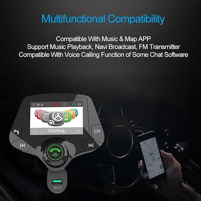 Wireless in-Car Bluetooth FM Transmitter Radio Adapter Car Kit, BT 5.0 & QC3.0 FM Transmitter for Car with 2 Inch Full Color Screen Display, 2 USB Ports, Hi-Fi Music