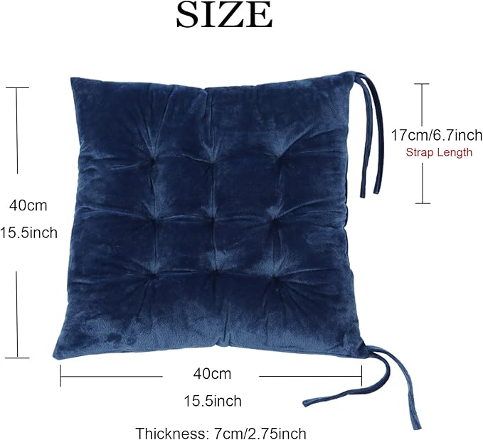 Set of 4 Square Chair Pads Indoor Seat Cushions Pillows with Ties Soft Comfortable Non Slip Chair Mat for Kitchen Dining Office Desk Living Room Outdoor Tatami 15.5" - Blue
