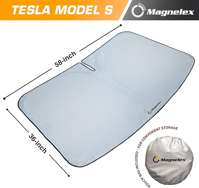 Magnelex Tesla Windshield Sun Shade for Model S 2012-2026 - Reflective Polyester Blocks Heat & Sun, Foldable Car Window Sun Blocker, Mirror Cut-Out, Fade-Resistant Sunshade, Tesla S Accessories