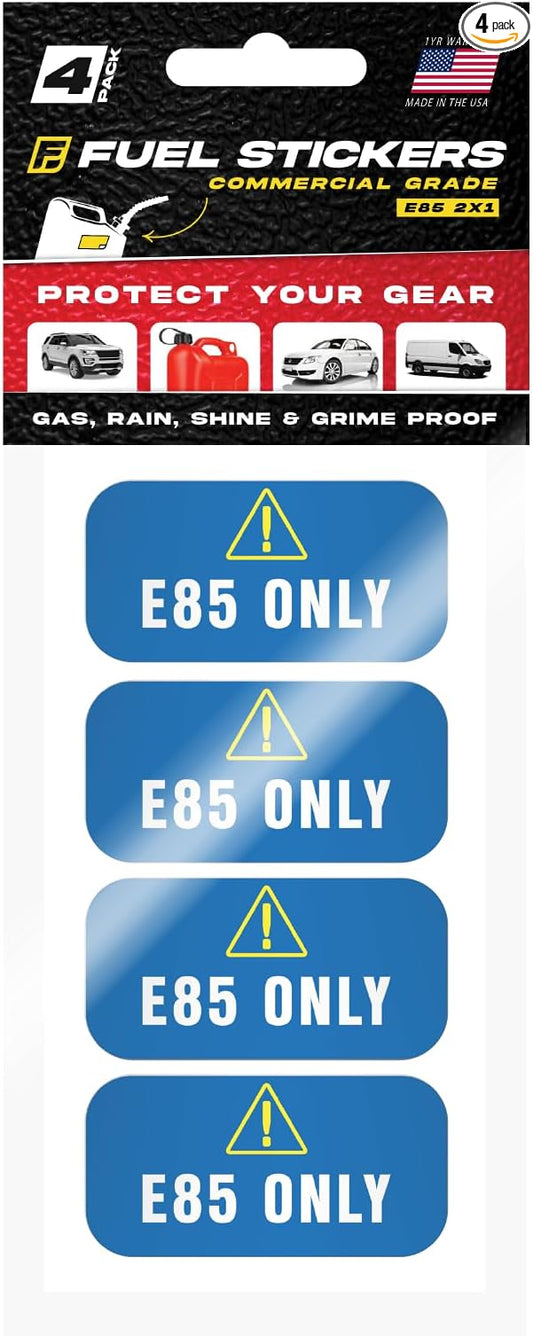 E85 Sticker, Flex Fuel Labels for Vehicles, Rental Cars, Fleets, Trucks and SUVs - Weather Proof, Extreme Stick, E85 Decal by Fuel Stickers - USA Made (2x1 inch), 4 Labels