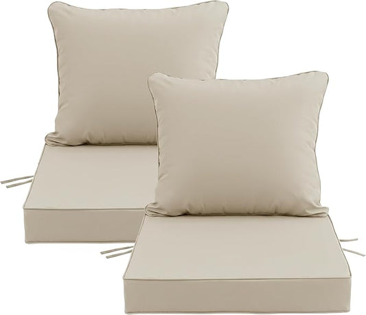 19x19 Inch Patio Chair Cushions Set of 2, Outdoor Furniture Cushions - Removable Cover, Water-Repellent, Fade-Resistant, Non-Slip Bottom & Straps, Replacement for Lawn, Porch & Deck Chair - Cream