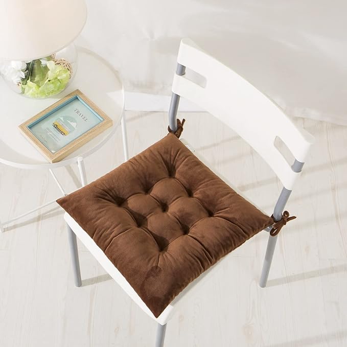 Set of 4 Square Chair Pads Indoor Seat Cushions Pillows with Ties Soft Comfortable Non Slip Chair Mat for Kitchen Dining Office Desk Living Room Outdoor Tatami 15.5" - Coffee