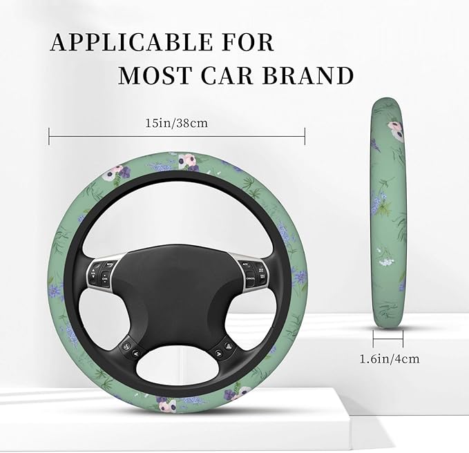 Sage Green Floral Plant Car Steering Wheel Cover
