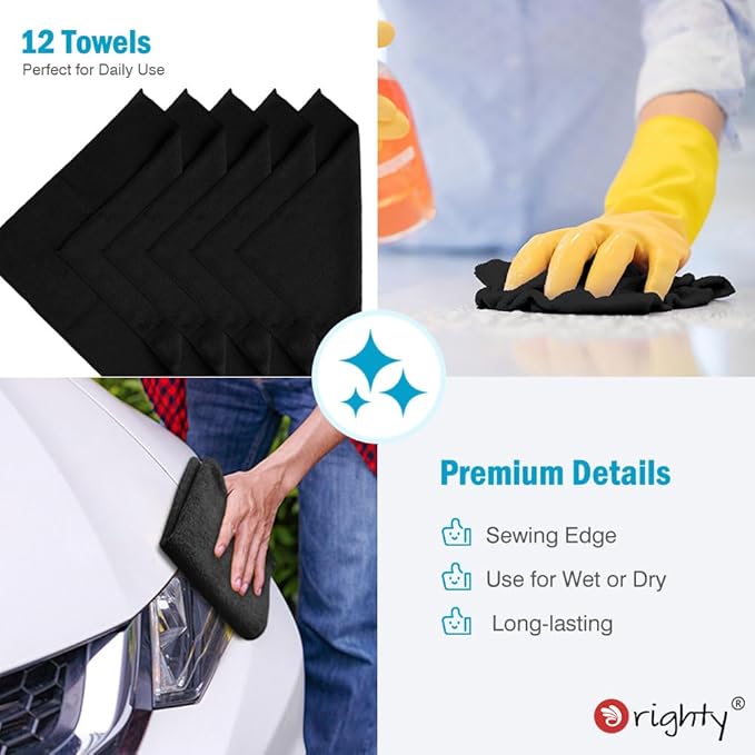 Orighty Microfiber Cleaning Cloth, 12 Pack Microfiber Towels for Cars, Highly Absorbent Car Cleaning Supplies, Lint Free Cloths Clean Rags for Car Care, House, Kitchen, 12x11 inch, Black
