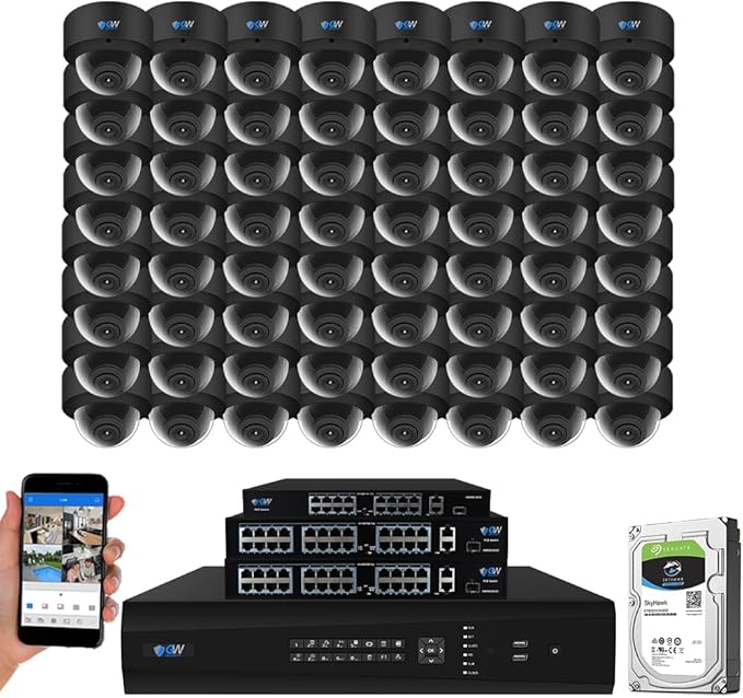 GW Security 64 Channel 12MP NVR UltraHD 4K Face/Human/Vehicle AI Detection Commercial Security Camera System with 64 x 8MP Waterproof Microphone 135° Wide Angle Outdoor Indoor PoE Dome Cameras (Black)