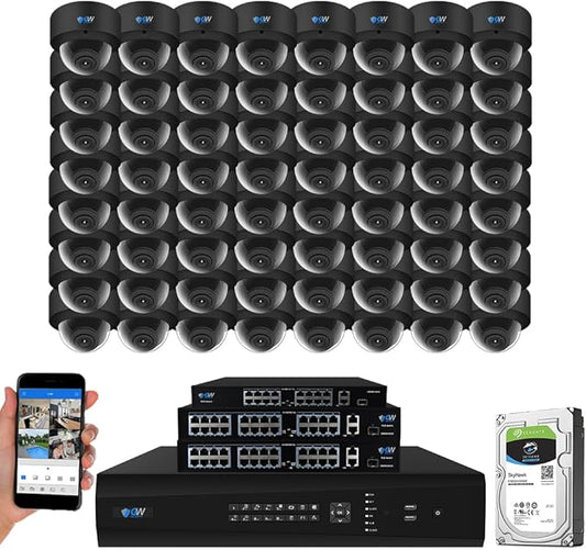 GW Security 64 Channel 12MP NVR UltraHD 4K Face/Human/Vehicle AI Detection Commercial Security Camera System with 64 x 8MP Waterproof Microphone 135° Wide Angle Outdoor Indoor PoE Dome Cameras (Black)