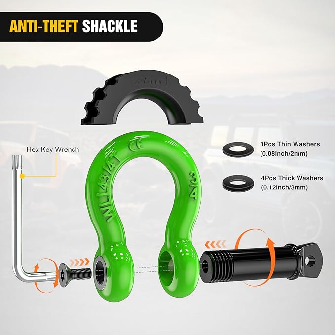 Nilight 3/4 inch D Ring Shackle 2 Pack 19T (41,887 lbs) Break Strength 4.75T WLL Heavy Duty Towing Hook with Anti-Theft System Anti-Rattle Isolators for Truck Jeep SUV ATV UTV Recovery Green