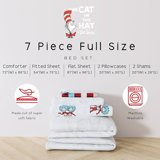 Dr. Seuss Cat in The Hat Kids Bedding, 7 Piece Full Bed Set, Soft Cozy Reversible Comforter and Sheet Set with Sham, Officially Licensed Product by Franco