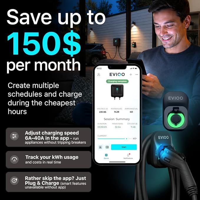 EVIQO Level 2 EV Charger, 40 Amp 240V, J1772 for Non-Tesla EVs, 25ft Cable, WiFi (2.4GHz) Smart App, Weatherproof Indoor/Outdoor (IP66, NEMA 4), UL & ETL Certified, NEMA 14-50 Plug-in, 9.6kW