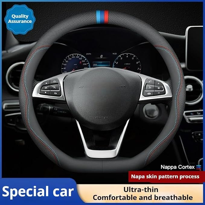 RYE for BMW Steering Wheel Cover, Leather Car Steering Wheel Cover Heavy-Duty Durable Breathable, Custom-fit for BMW X3 X5 X7 3/5/7 Series 328i 550i Accessories - Black Pattern 6