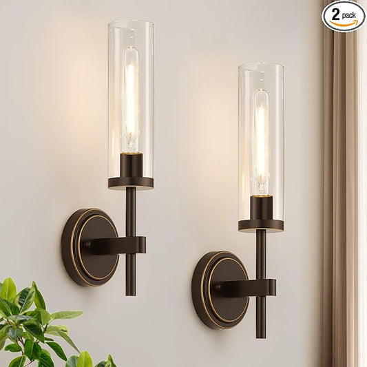 MOKATNG Wall Sconces Set of Two, Oil-Rubbed Bronze Bathroom Sconces with Clear Glass, Hardwired Sconces Wall Decor Set of 2, Modern Wall Light Fixtures for Bathroom Mirror Living Room Bedroom Hallway