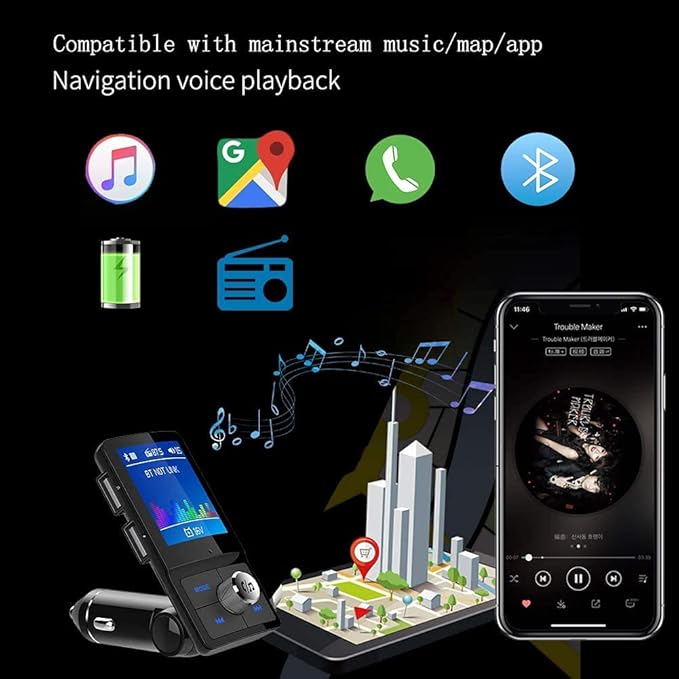 Bluetooth 5.3 FM Transmitter for Car, Colorful 1.8" LCD Screen, QC3.0 PD3.0 Fast Charge, Black
