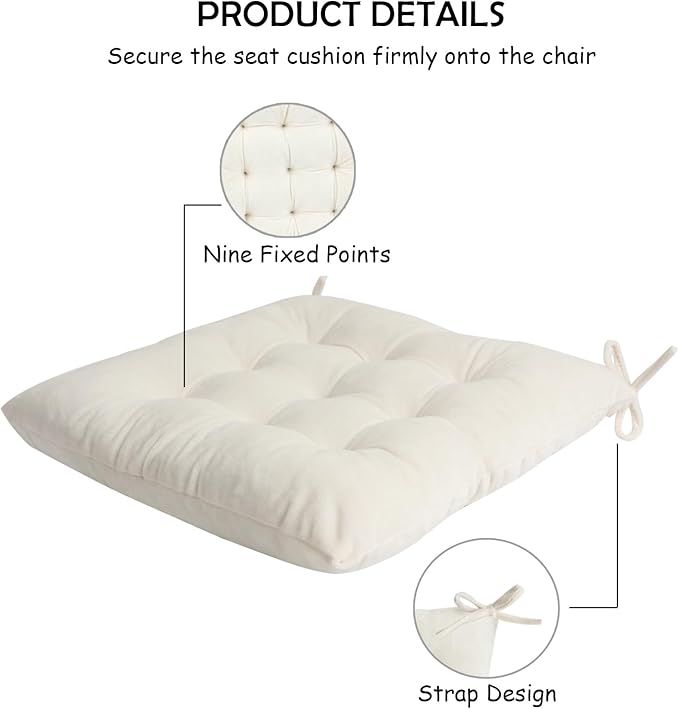 Set of 4 Chair Cushions for Dining Chairs with Ties, Indoor Non-Slip Kitchen Chair Pad and Dining Room Seat Cushion Mat for Office Living Room Outdoor 15.5" - Ivory
