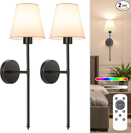 NIORSUN Battery Operated Wall Sconce Set of 2,Black Rechargeable Wall Lights with 10400mAh Dimmable Bulbs and Remote,10 Colors Wireless Wall Lamps for Bedroom Living Room Hallway Decor
