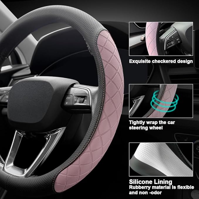 LKWLIKEI Nappa leather steering wheel cover,elegant diamond checkered design, non-slip wear-resistant, enhance driving comfort, suitable for steering wheel diameter 14 1/2‘-15’ models.Black and purple