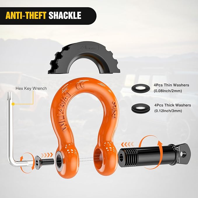 Nilight 3/4 inch D Ring Shackle 2 Pack 19T (41,887 lbs) Break Strength 4.75T WLL Heavy Duty Towing Hook with Anti-Theft System Anti-Rattle Isolators for Truck Jeep SUV ATV UTV Recovery Orange