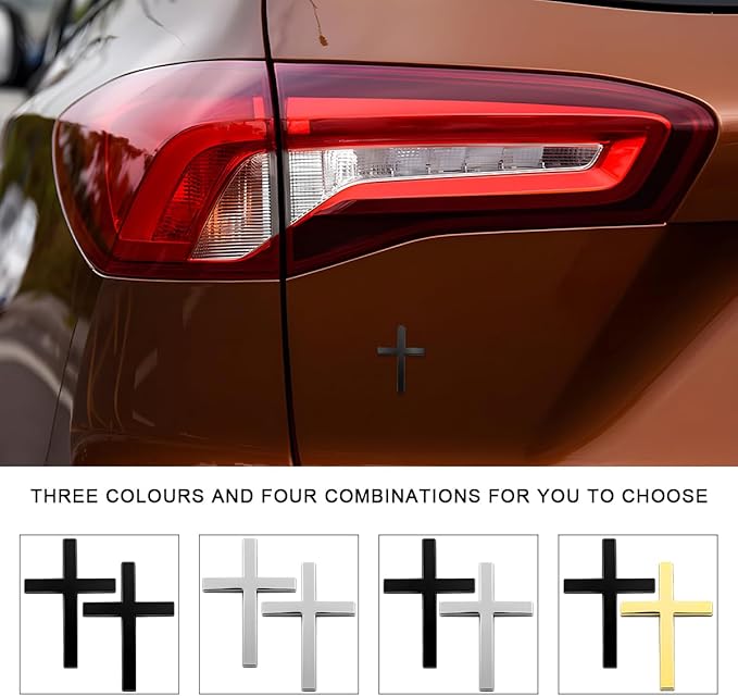 DXNQ 2PCS Metal Jesus Christ Cross Badge Stickers, 2.5"×1.8" Alloy 3D Individual Car Cross Sticker, Self Adhesive Scratch Covering Metal Cross Auto Emblem Decal for Car Body Fender Tail (Black+Silver)