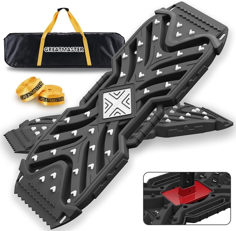 Traction Boards Recovery Boards (Pair) – 42″ × 14″ PA66 Off-Road Tracks with 34 High-Strength Contrasting-Color Spikes, Flip-Shovel & Jack-Base Design, Tow Strap – Sand, Mud, Snow 4×4 SUV ATV Truck