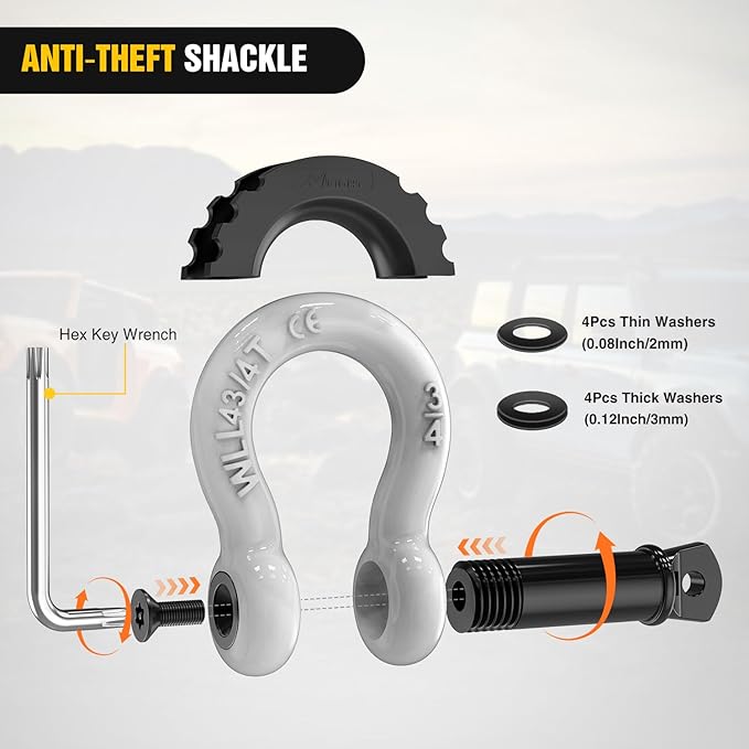 Nilight 3/4 inch D Ring Shackle 2 Pack 19T (41,887 lbs) Break Strength 4.75T WLL Heavy Duty Towing Hook with Anti-Theft System Anti-Rattle Isolators for Truck Jeep SUV ATV UTV Recovery White
