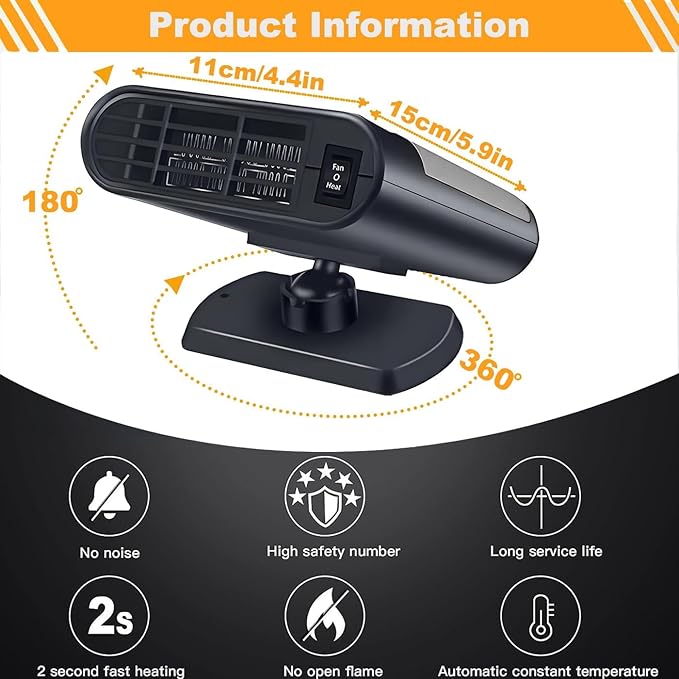 Portable Car Heater,12V Car Heater that Plugs into Cigartte Lighter,Fast Heating Windshield Defroster,2-in-1 Heating & Cooling 360° Rotatable Car Heaters for Vehicle (Grey)