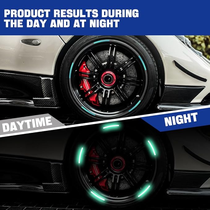 20PCS Reflective Car Wheel Decorative Stripe Stickers, Night Safety Warning Tape Sticker, Anti-Scratch Tire Rims Sticker, Universal Car Exterior Accessories Fluorescent Auto Decals for Motocycle Bike