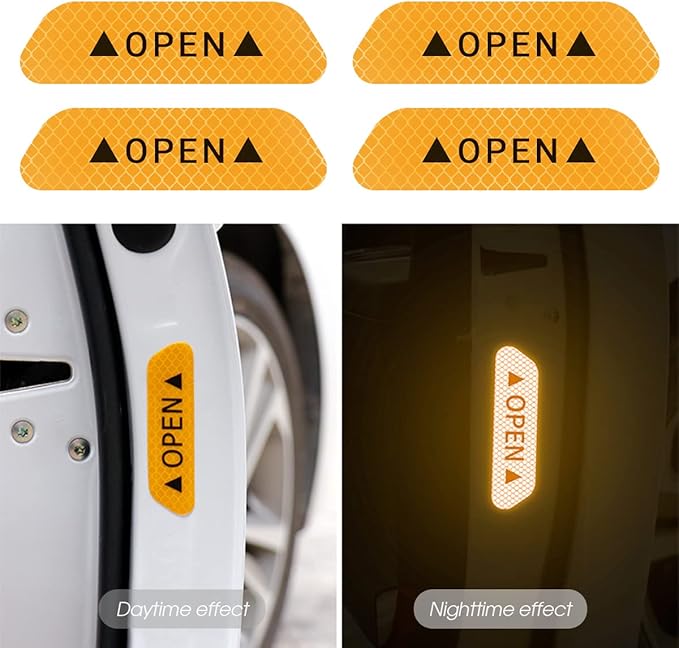 8PCS Reflective Open Warning Stickers for Car Door, Night Visibility Auto Safety Prompt Decals, Anti-Collision Protective Strip Tape, Car Accessories Universal for Truck, SUV, Van (Yellow)