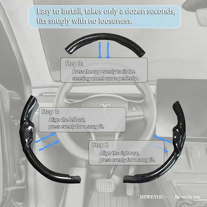 Steering Wheel Cover for Tesla Model 3 2017-2023 & Model Y 2020-2024 | Carbon Fiber，Anti-Slip, Wear & Heat Resistant, Easy to Install, Stylish Sport Design