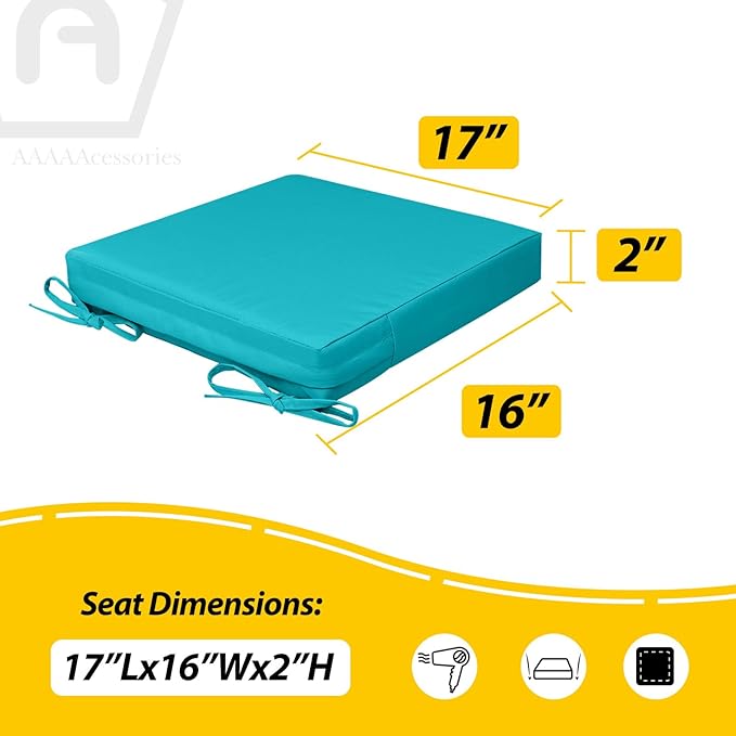 AAAAAcessories Outdoor Seat Cushions for Chairs, Waterproof, Fade-Resistant, 17" x 16" x 2", Patio Furniture Replacement Cushions, Set of 2, Turquoise Blue