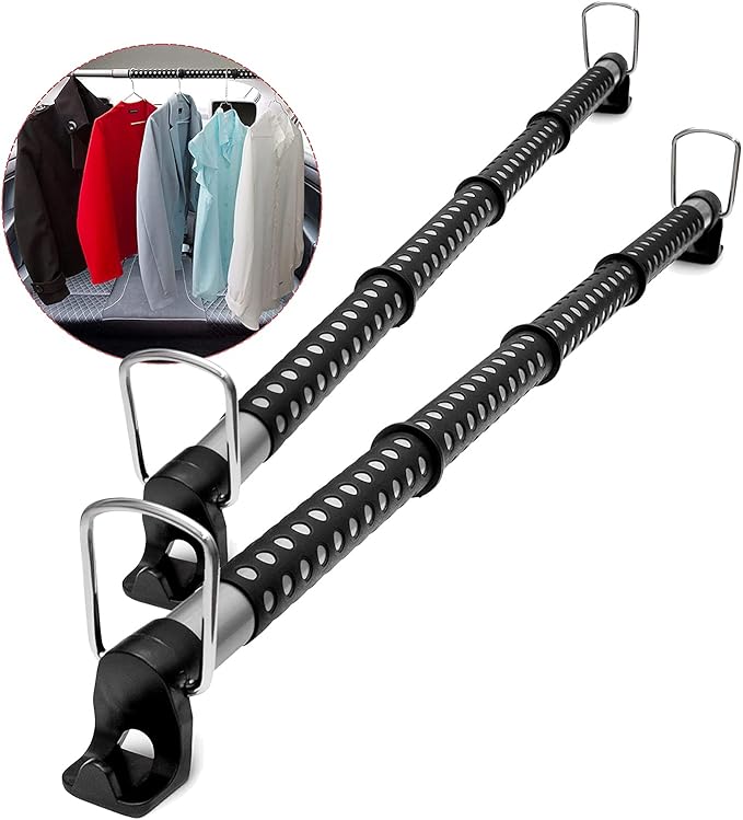 VaygWay Expandable Car Clothes Hanger Bar- Heavy Duty Hanger Metal Storage Suit Rod-Car Hanging Closet Organizer Rack Expandable to 62" -2 Pk Black Rog