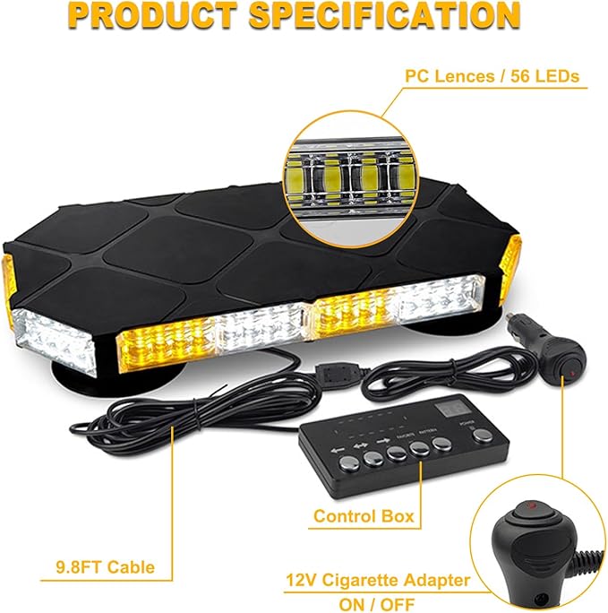 56 LED White Amber Mix Rooftop Strobe Beacon Lights Bar Controller Magnetic Emergency Traffic Warning Flashing Plow Light for Construction Vehicles Trucks Snowplow Tow Commercial Security Car