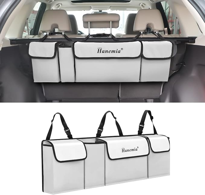 Car Trunk Organizer and Storage, Backseat Hanging Organizer for SUV, Truck, MPV, Waterproof, Collapsible Cargo Storage Bag with 4 Pockets, Car Accessories for Men and Women (Beige)
