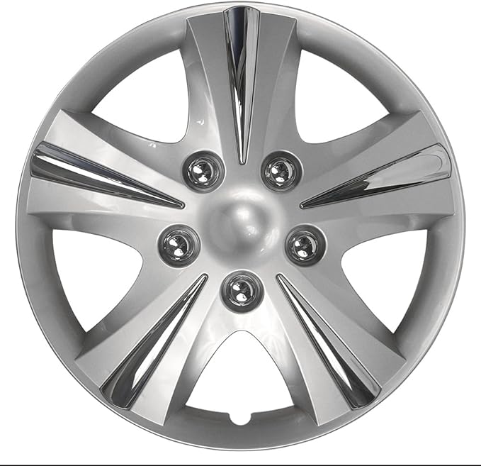 Custom Accessories 4-Pack 15" SGT-5 Wheel Covers, Replacement Hubcaps for Cars, Trucks, SUVs — Silver/Chrome
