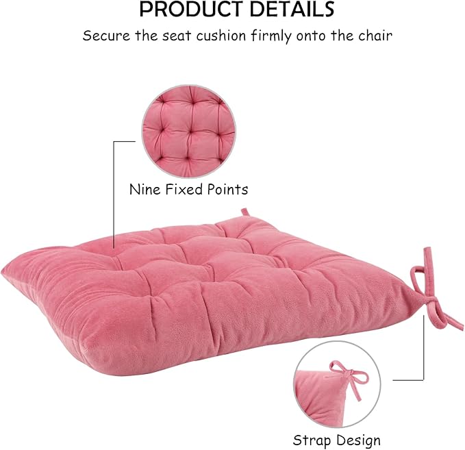 2 Pack Square Seat Cushion Chair Pads for Kitchen Dining Chairs, Soft Comfort Velvet Chair Mat Pillow Cushions with Ties for Office Desk Living Room Tatami 15.5", Pink