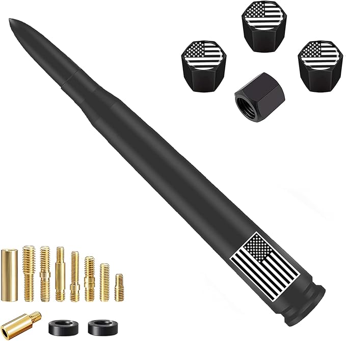 Truck Car Bullet Antenna with Valve Stem Caps for GM Chevy Silverado 1500 2500 3500 HD Avalanche Ford F Series F150 F250 GMC Sierra 1500 2500 3500 Denali Heavy Truck Accessories (Matte Black)- 7inch