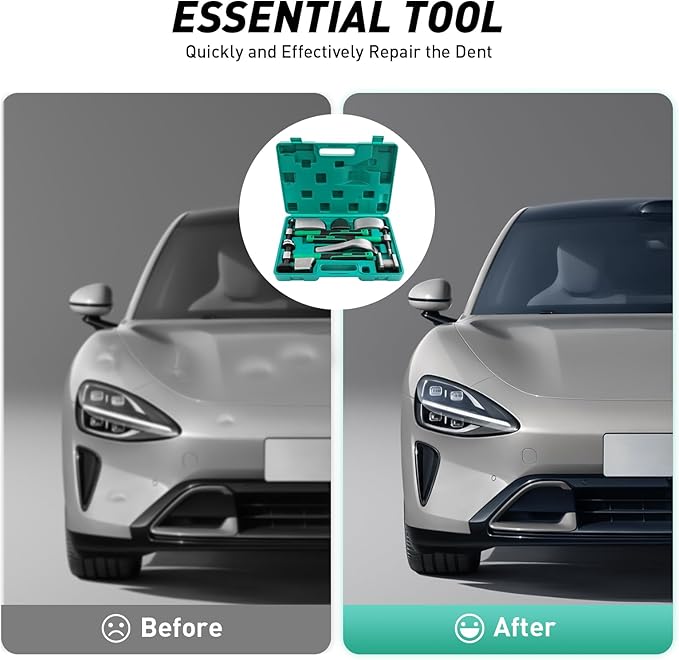 9pcs Dent Repair Kit with Carrying Case, Professional Auto Body PDR Tools with 45# Steel Hammers & 6 Lining Irons for Car Body Fender Door Panel Repair.