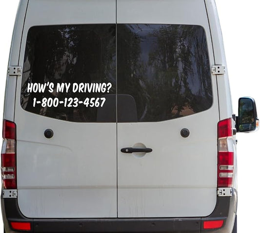 How's My Driving Decal with Custom Phone Number Decal Sticker Car Truck Van Commercial Vehicle Boat SUV Door Business Door Window Glass Vinyl Sticker Decal (7.5" x 2.25" (2 Decals))