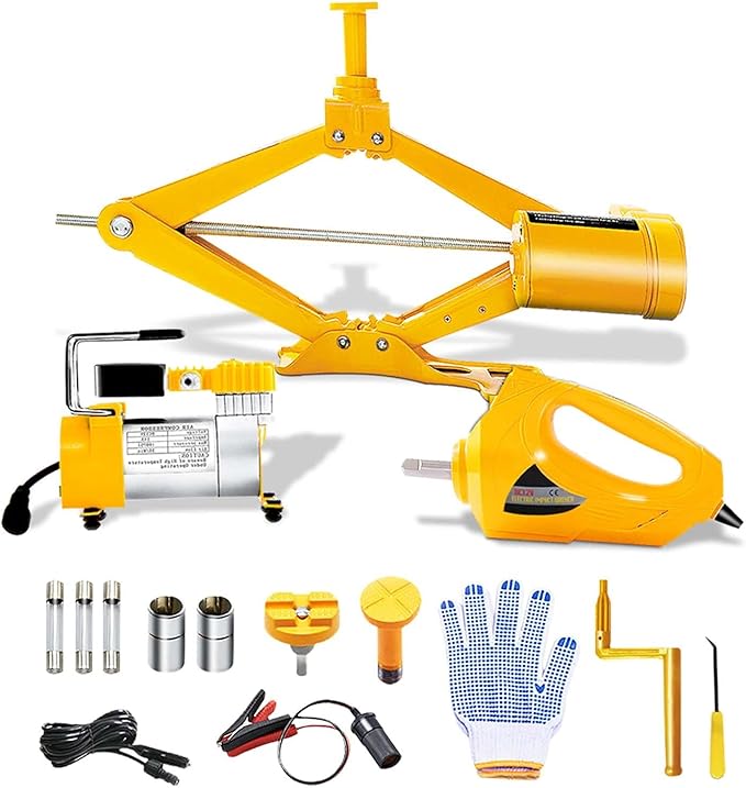 E-HEELP Electric Car Jack 3T Scissor Floor Jack Set 12V Automatic Vehicle Lift Kit with Impact Wrench & Inflator for Sedans(Lifting rang: 4.72~14.57 inch)