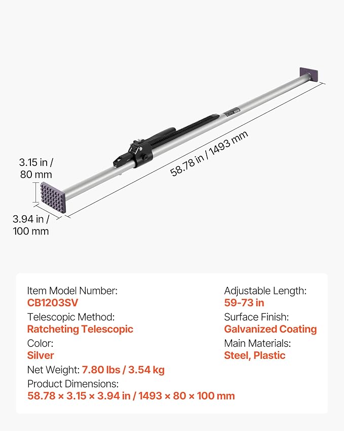VEVOR Cargo Bar, Cargo Bar Adjustable from 59" to 73", Heavy-Duty Steel Cargos Stabilizer with Non-Slip Foot Pads, Telescoping Load Lock Bars Stop Sliding for Pickup Truck