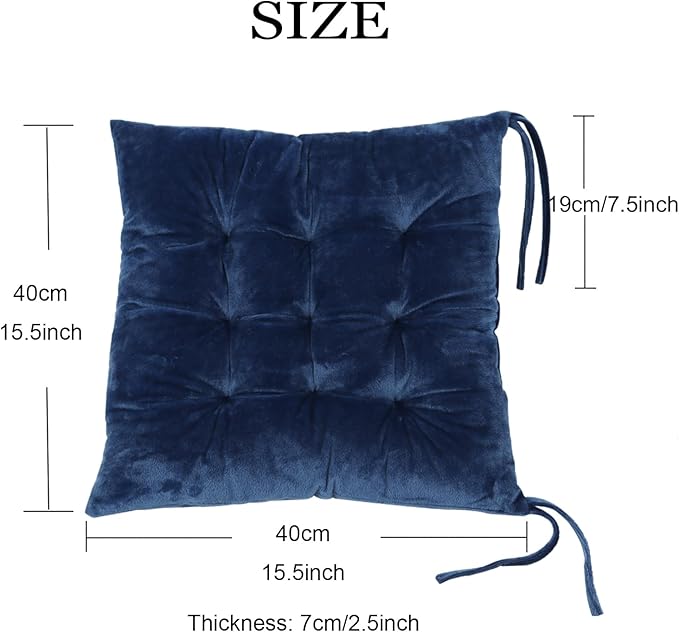 2 Pack Square Seat Cushion Chair Pads for Kitchen Dining Chairs, Soft Comfort Velvet Chair Mat Pillow Cushions with Ties for Office Desk Living Room Tatami 15.5", Blue