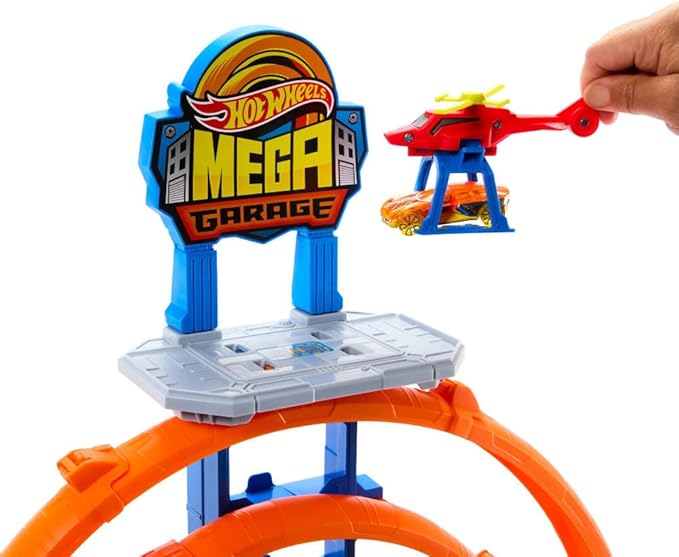 Hot Wheels Toy Car Track Set with Die-Cast Car & Helicopter, 2 Loops, Storage for 36 1:64 Scale Vehicles, Speed Snap Adapters, Mega Loop Garage